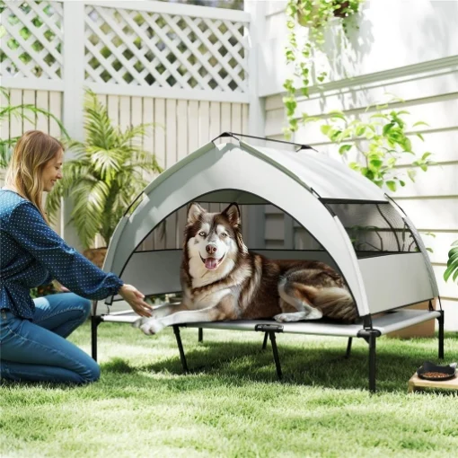 LETTINO PER CANI CON COPERTURA A 3 LATI RIMOVIBILE, IN POLIESTERE E ACCIAIO, 122X92X94 CM, GRIGIO CHIARO E NERO - MAURY'S