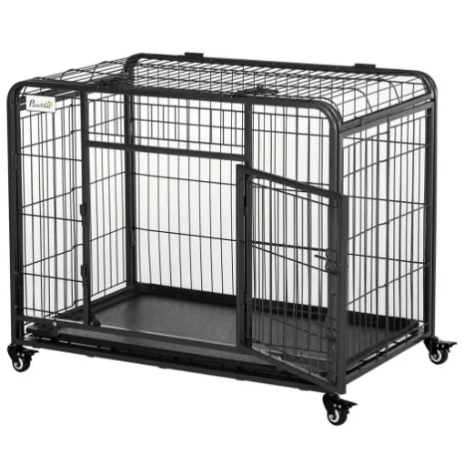 KENNEL PER CANI PIEGHEVOLE A DOPPIA PORTA CON BLOCCO, 4 RUOTE CON FRENO E FONDO RIMOVIBILE, 94X58X69.5 CM, GRIGIO - MAURY'S