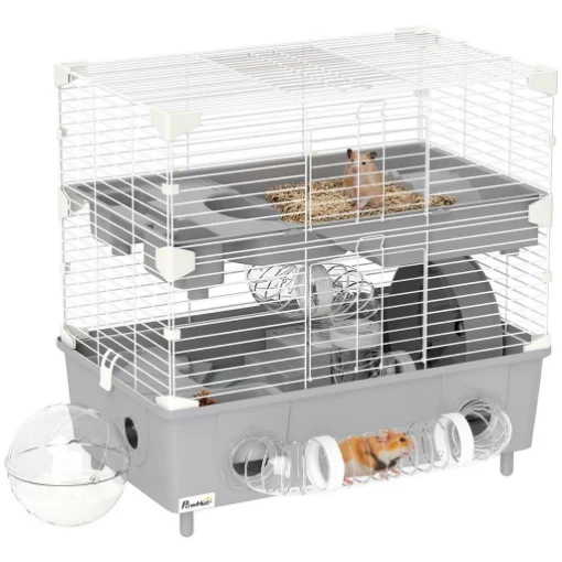 GABBIA PER CRICETI A 2 LIVELLI E 3 PORTE CON RUOTA E TUBI, IN ACCIAIO, PS E PP, 44.5X28X44 CM, GRIGIO E BIANCO - MAURY'S
