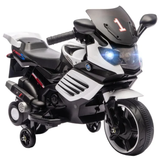 MOTO ELETTRICA PER BAMBINI DA 6V CON ROTELLE RIMOVIBILI, FARI E MUSICHE, ETÀ 18-36 MESI, BIANCO
