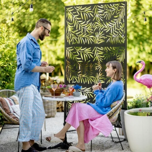 PARAVENTO DA ESTERNO IN ACCIAIO CON MOTIVI A SALICE E 2 PIEDINI 122X45X198 CM NERO - MAURY'S