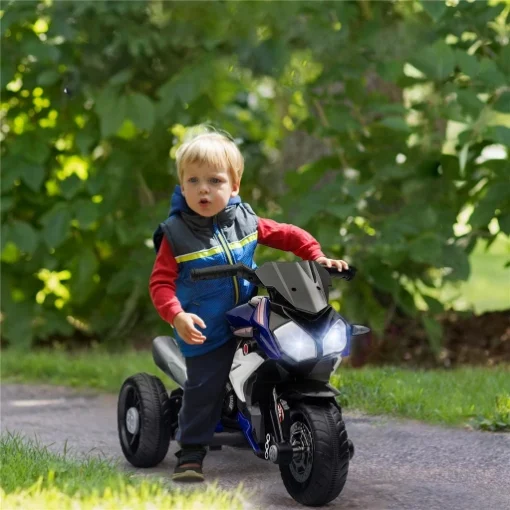 MOTO ELETTRICA PER BAMBINI 3-5 ANNI MAX. 25KG CON LUCI, MUSICA, BATTERIA 6V E VELOCITÀ 3KM/H, 86X42X52 CM BLU
