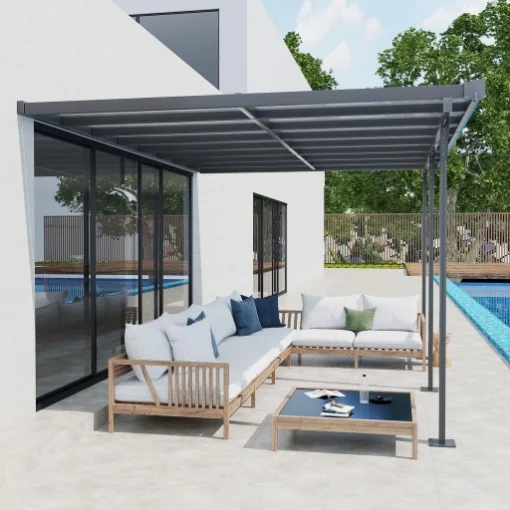 PERGOLA ADDOSSATA DA GIARDINO IN POLICARBONATO E ALLUMINIO, INSTALLAZIONE REGOLABILE, GRIGIO - MAURY'S