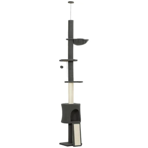 ALBERO PER GATTI A SOFFITTO ALTO 220-240 CM CON AMACA, CASETTA, PIATTAFORME A FIORE E PALI IN SISAL, GRIGIO