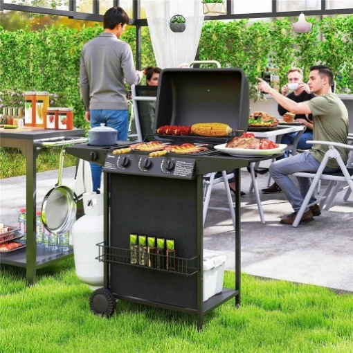 BARBECUE A GAS CON 4 BRUCIATORI INDIPENDENTI E COPERCHIO CON TERMOMETRO 108X54X97 CM NERO - MAURY'S