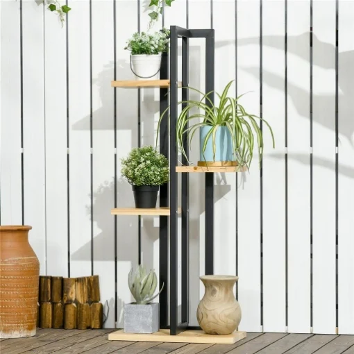 PORTAPIANTE A 4 RIPIANI DALLO STILE INDUSTRIALE IN LEGNO DI ABETE E METALLO 45X25X110 CM NERO E COLOR LEGNO - MAURY'S