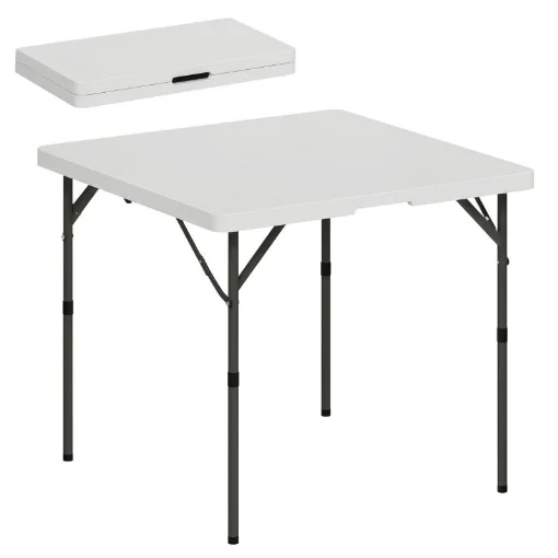 TAVOLO DA CAMPEGGIO PIEGHEVOLE CON 2 ALTEZZE REGOLABILI IN HDPE E METALLO, 86X86X74 CM, BIANCO - MAURY'S