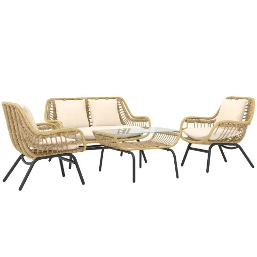 SET DA GIARDINO 4 PEZZI IN RATTAN PE E METALLO CON DIVANETTO 2 SEDIE E TAVOLINO DA CAFFÉ BEIGE - MAURY'S