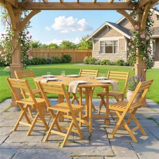 SET PRANZO 7 PEZZI, TAVOLO ESTENSIBILE LEGNO E 6 SEDIE PIEGHEVOLI PER GIARDINO - MAURY'S
