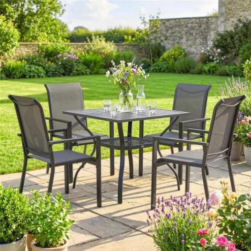 Set da Giardino 5 pz in Acciaio con 4 Sedie Impilabili e Tavolo con Foro Centrale e Ripiano Inferiore, Grigio - MAURY'S
