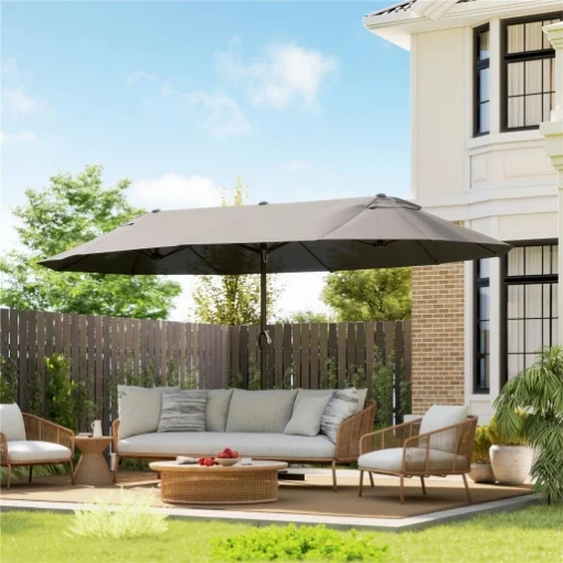 Ombrellone Doppio a 12 Stecche con Base a Croce e Manovella, in Acciaio e Poliestere, 455x265x238 cm, Grigio - MAURY'S