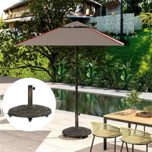 Base per Ombrellone in Resina da 20 kg Rotonda con Ruote e Freni, Bronzo - MAURY'S