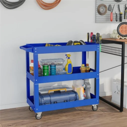 Carrello Porta Attrezzi a 3 Livelli in Acciaio con Bordi Alti e 4 Ruote Girevoli, 83x35.3x76 cm, Blu - MAURY'S