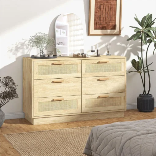 CASSETTIERA 6 CASSETTI STILE BOHO PER CAMERA E INGRESSO IN LEGNO E RATTAN, 110X40X69 CM, ROVERE - MAURY'S