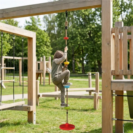 Corda Arrampicata Bambini con Pedane e Seduta a Disco, in HDPE e PE, Ï30x4 cm, Rosso - MAURY'S