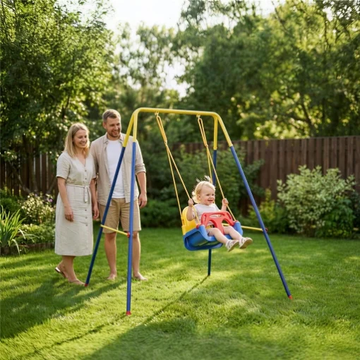 STRUTTURA PER ALTALENA DA GIARDINO CON 2 GANCI, IN ACCIAIO, 128X155X157 CM, GIALLO E BLU - MAURY'S