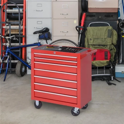 Carrello Porta Attrezzi con 7 Cassetti, Tappetini in EVA, Serratura e 2 Chiavi, Ruote con Freno, Maniglia, Rosso - MAURY'S