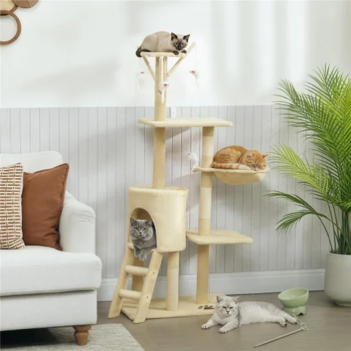 TORRE PER GATTI CON CASETTA, TRESPOLO, PIATTAFORME E 4 TOPOLINI APPESI, 60X35X134 CM, BEIGE - MAURY'S