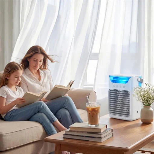 VENTILATORE DA TAVOLO CON 3 VELOCITÀ, LUCE RGB E TESTA REGOLABILE, BIANCO - MAURY'S