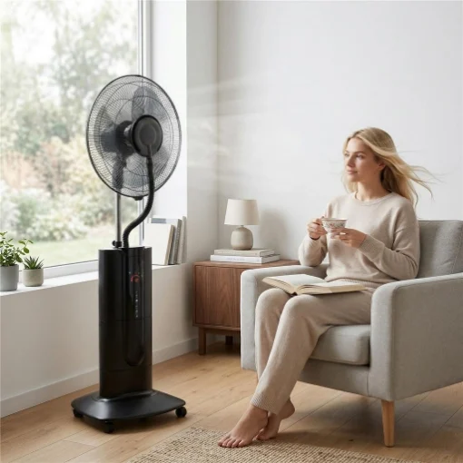 Ventilatore a Piantana 3 in 1 Oscillante con Nebulizzatore d'Acqua, Telecomando e Timer 9h, 45x38x130 cm, Nero - MAURY'S