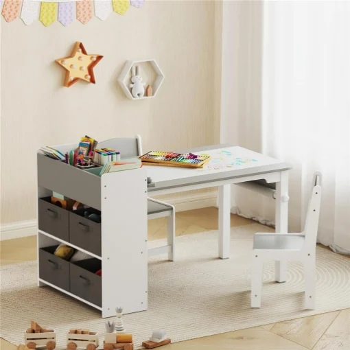 SET TAVOLO E SEDIE PER BAMBINI CON 2 SEDIE E TAVOLINO CONTENITORE, IN LEGNO E TESSUTO NON TESSUTO, GRIGIO E BIANCO - MAURY'S