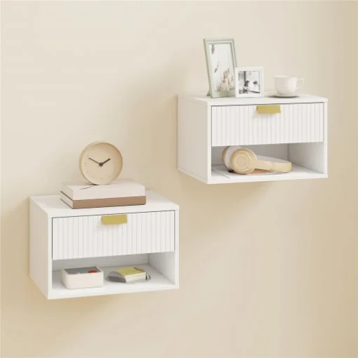 Set di 2 Comodini Sospesi con Cassetto Decorato e Mensola Aperta, Bianco - MAURY'S