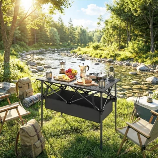 Tavolo da Campeggio Pieghevole con Struttura in Metallo, Rete Portaoggetti e Borsa, 93x55x68 cm, Nero - MAURY'S