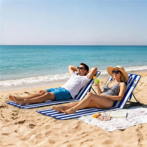 SET 2 MATERASSINI MARE CON SCHIENALE REGOLABILE SU 4 LIVELLI, IN ACCIAIO E POLIESTERE, 154X57X52 CM, BLU BIANCO - MAURY'S