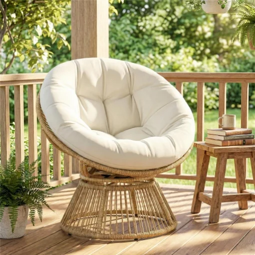 POLTRONA PAPASAN RATTAN 360¦ MOON CHAIR CON CUSCINO INTERNI/ESTERNI, BIANCO CREMA - MAURY'S