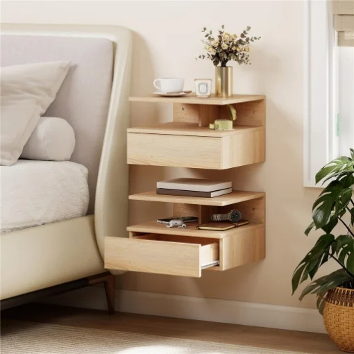 Set di 2 Comodini Sospesi con Cassetto e Mensola Aperta, 35x32x22.5 cm, Rovere - MAURY'S
