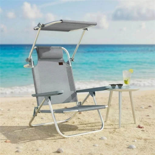 SEDIA A SDRAIO RECLINABILE A 6 LIVELLI CON TETTUCCIO REGOLABILE E POGGIATESTA, IN ALLUMINIO E RETE, 62X68X79, GRIGIO - MAURY'S