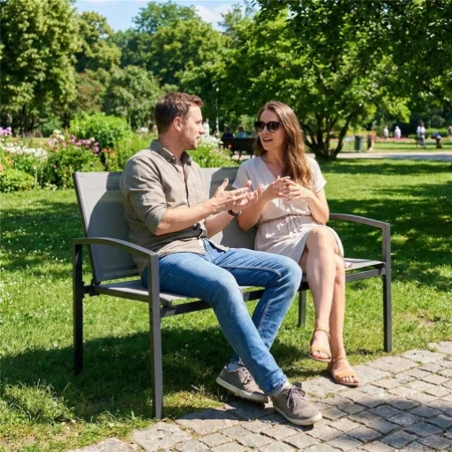 PANCA DA GIARDINO IN METALLO, 2 POSTI, TESSUTO TRASPIRANTE TEXTELINE, COLORE GRIGIO. - MAURY'S