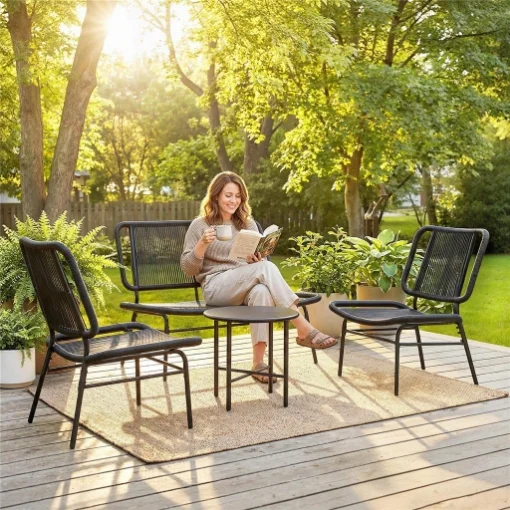 SET MOBILI GIARDINO RATTAN 4 PEZZI, DIVANO ESTERNO CON TAVOLINO METALLO, NERO - MAURY'S
