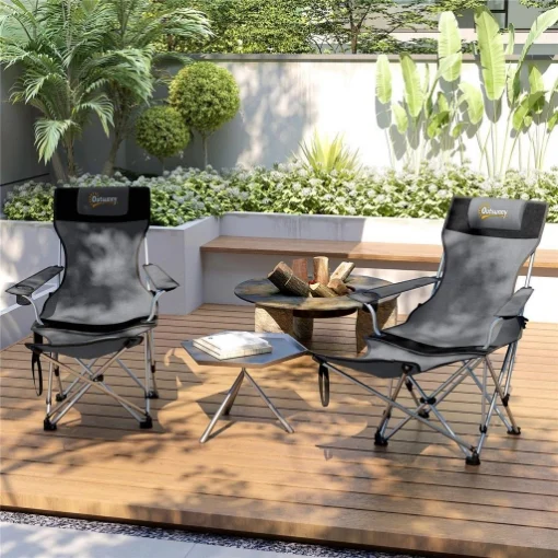 SET 2 SEDIE DA CAMPEGGIO PIEGHEVOLI CON POGGIAPIEDI E PORTABICCHIERI, 82X50/100X88 CM, GRIGIO - MAURY'S