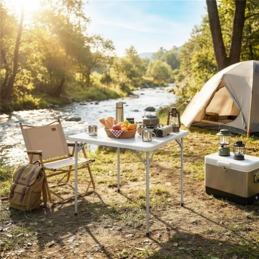 Tavolo da Campeggio Quadrato Pieghevole in Metallo e HDPE, 86x86x74 cm, Bianco - MAURY'S