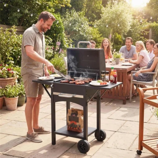 BARBECUE A CARBONE CON 2 RIPIANI LATERALI, TERMOMETRO, COPERCHIO E RUOTE, 110X46.5X101 CM, NERO - MAURY'S