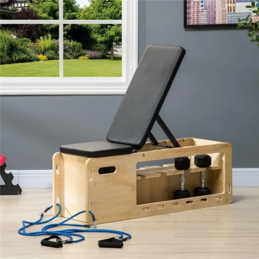 PANCA MULTIFUNZIONE CON SCHIENALE REGOLABILE, VANO CONTENITORE, RACK PER PESI ED ELASTICI, LEGNO - MAURY'S