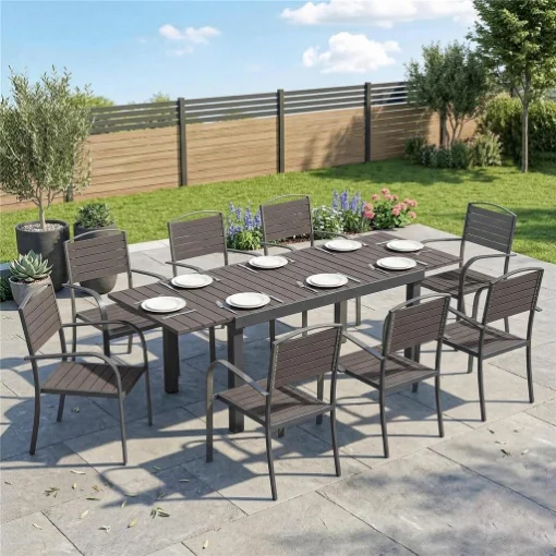 SET PRANZO ESTENSIBILE ESTERNI 9 PEZZI, TAVOLO ALLUMINIO, 8 SEDIE, GRIGIO - MAURY'S