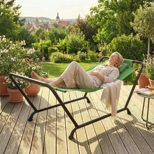 AMACA DA GIARDINO CON SUPPORTO, TASCA LATERALE E POGGIATESTA, IN METALLO E POLIESTERE, 237X90X92 CM, VERDE SCURO - MAURY'S