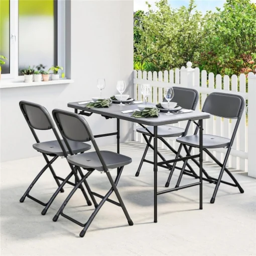 Set Tavolo Regolabile e 4 Sedie da Giardino Pieghevoli in HDPE Effetto Legno, Grigio Scuro - MAURY'S