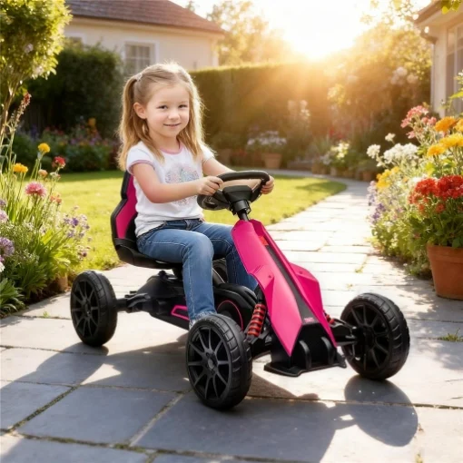 GO KART A PEDALI PER BAMBINI 3-8 ANNI CON SEDILE REGOLABILE E RUOTE IN EVA, 100X58X58.5 CM, ROSA E NERO