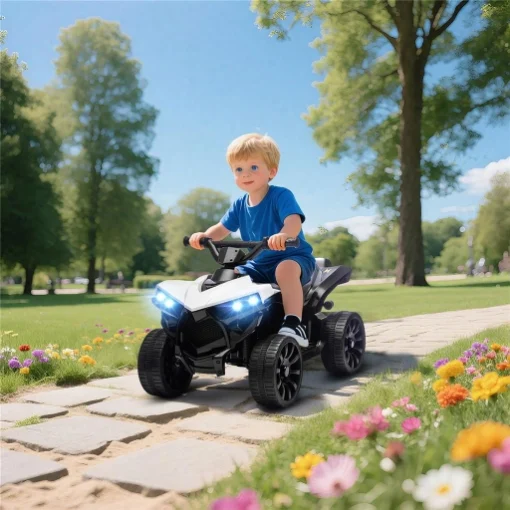 QUAD ELETTRICO PER BAMBINI ATV CON BATTERIA RICARICABILE 6V, FARI LED E MUSICA, ETÀ 3-6 ANNI, BIANCO