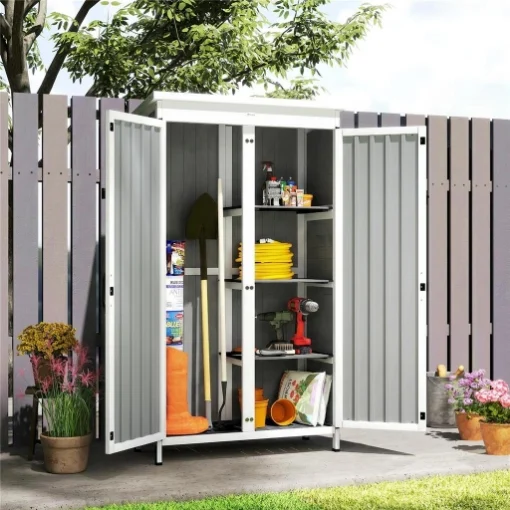 ARMADIO DA GIARDINO CON RIPIANI RIMOVIBILI E PORTA BLOCCABILE, IN LEGNO E ACCIAIO, 94X43X166 CM, BIANCO E NERO - MAURY'S