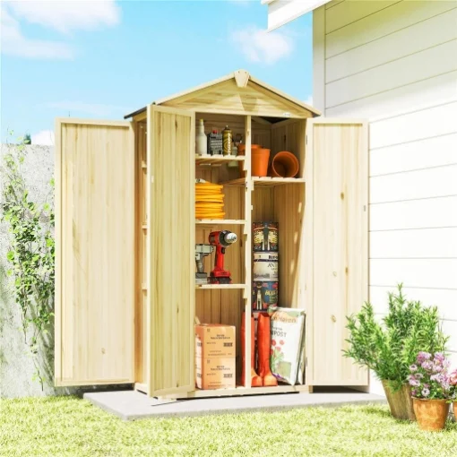 ARMADIO DA GIARDINO A 3 ANTE CON 4 RIPIANI E GANCI, IN LEGNO DI ABETE, 93X53X168 CM, COLOR LEGNO - MAURY'S