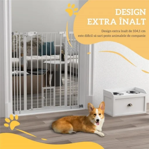 CANCELLINO PER CANI REGOLABILE ALTO CON PORTA PICCOLA E CHIUSURA AUTOMATICA, 74-101X104CM, BIANCO