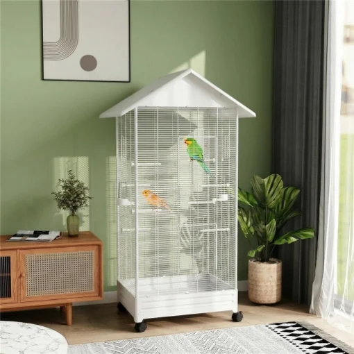 Gabbia per Uccelli, Voliera in Acciaio con Ruote, 79x65x155cm, Bianco - MAURY'S