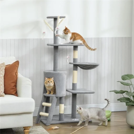 TORRE PER GATTI CON CASETTA, TRESPOLO, PIATTAFORME E 4 TOPOLINI, IN LEGNO, PELUCHE E SISAL, 60X35X134 CM, GRIGIO - MAURY'S