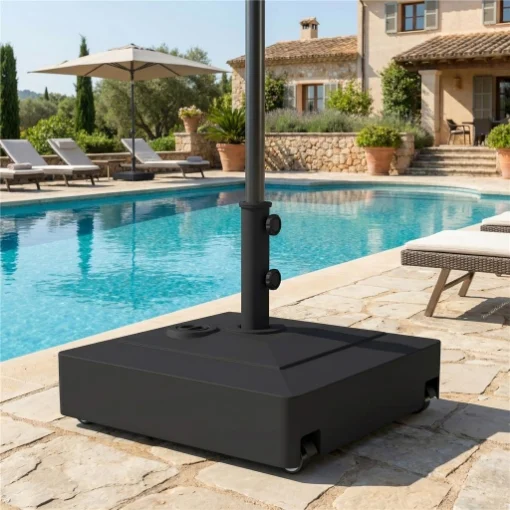 BASE PER OMBRELLONE A ROTELLE CON FRENI, CON ACQUA 40KG/SABBIA 61KG, PER PALI OMBRELLONI DA Ï35/38/48MM, NERO - MAURY'S