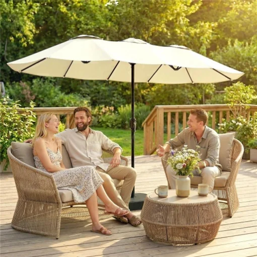 OMBRELLONE DOPPIO A 12 STECCHE CON MANOVELLA, BASE A CROCE E SACCHI, IN METALLO E POLIESTERE, 3X1.5 M, BEIGE - MAURY'S