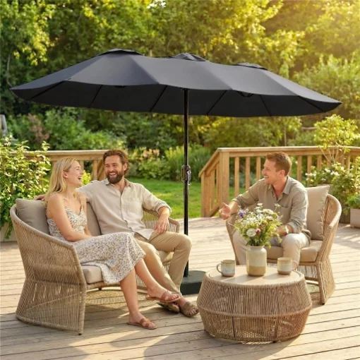 OMBRELLONE DOPPIO A 12 STECCHE CON MANOVELLA, BASE A CROCE E SACCHI, IN METALLO E POLIESTERE, 3X1.5 M, GRIGIO SCURO - MAURY'S